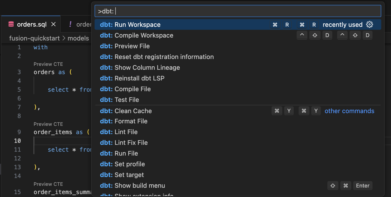 dbt commands in the command bar.